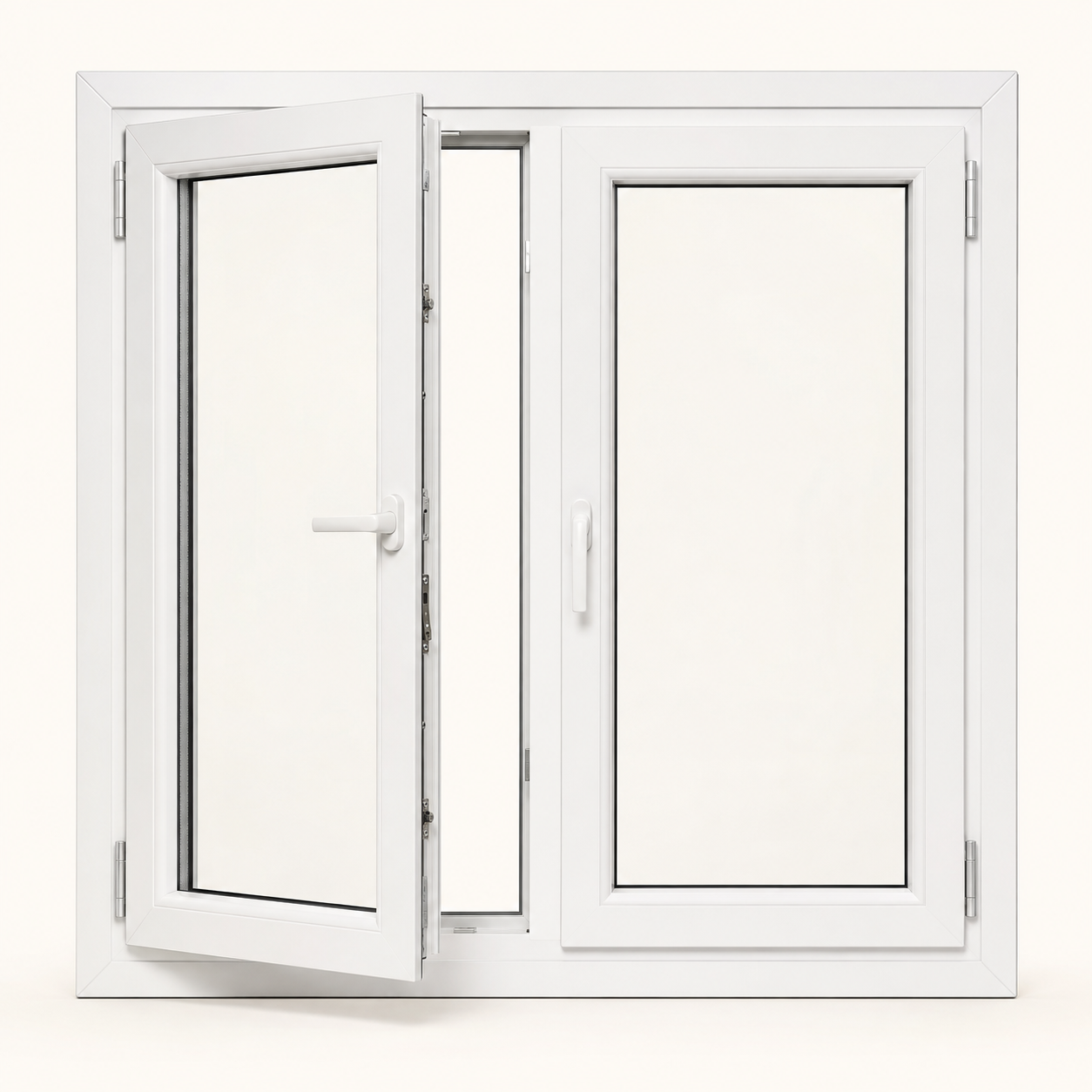 Ventana de PVC de dos hojas, una abierta hacia el interior