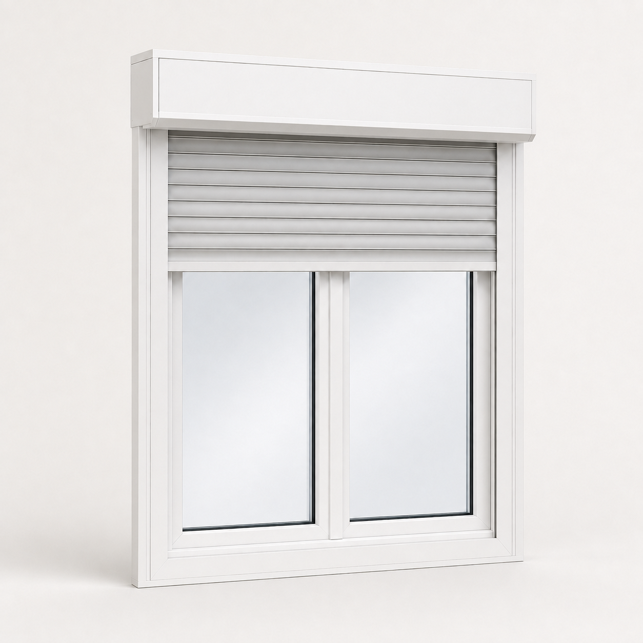 Ventana de PVC con cajón compacto y persiana parcialmente bajada