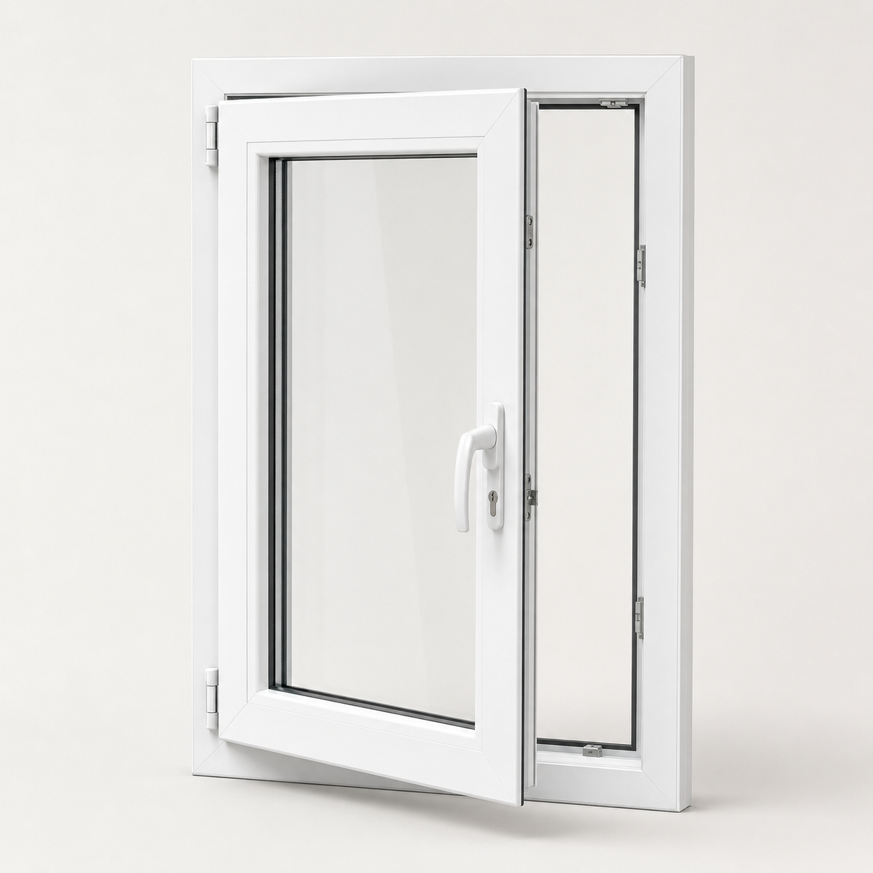 Ventana practicable de PVC abierta hacia el interior